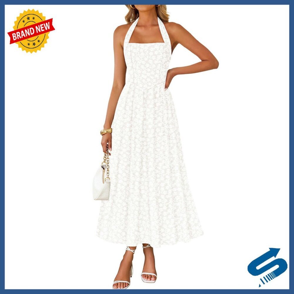 Sleeveless Floral Maxi Dress Halter Neck A-Line Wedding Guest Cocktail